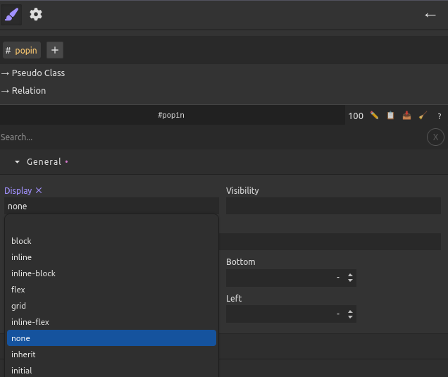 {screenshot of silex to create #popin { display: none; }}