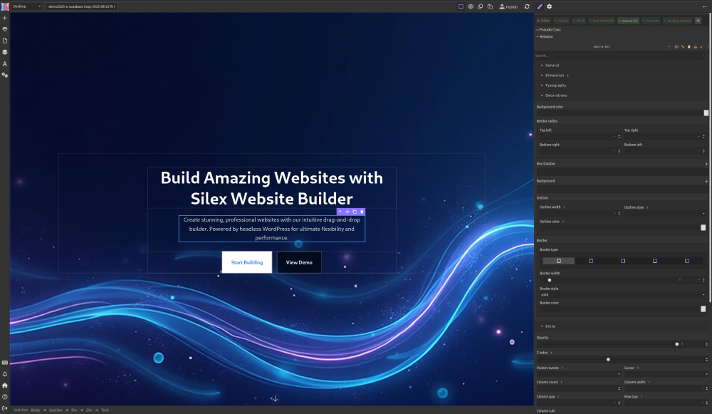 Silex UI with a website opened